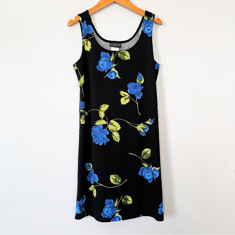 G.A.S. CO Black Dress with Blue Floral Print Size Medium
